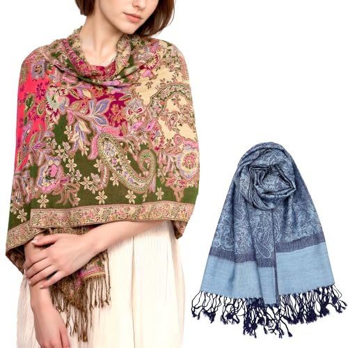 Achillea 2 Pack Steel Blue Paisley Pashmina and Olive Rose Floral Shawl Bundle
