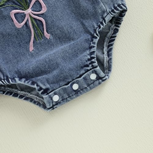 MAINESAKA Baby Girl Denim Romper Floral Sleeveless Ruffle Denim Bodysuit Overalls with Headband Newborn Summer Outfit 6