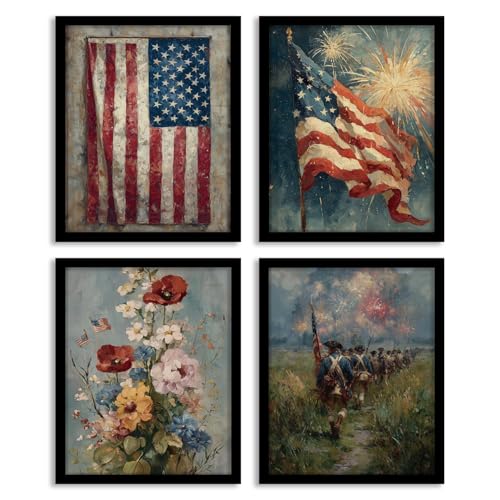 Image of WEFKODO Vintage America Flag Patriotic Decor Wall Art Prints 4Pcs, Vintage Floral 4th of July Decorations Wall Art, Patriotic Decorations for Home Bedroom Living Room Bathroom, 8x10 Inch Unframed