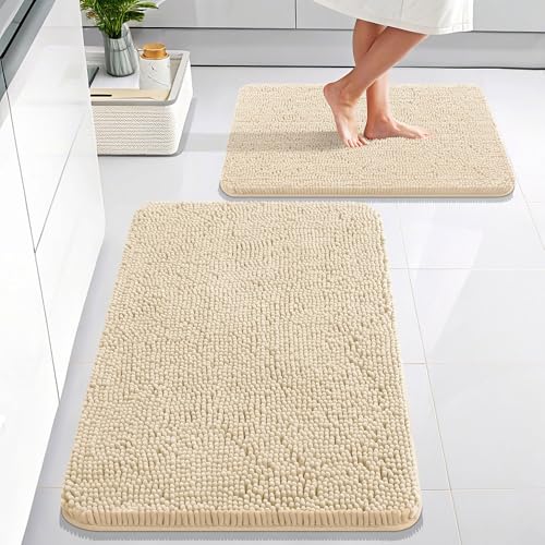 Image of OLANLY Bathroom Rugs Sets 2 Piece, Soft Absorbent Chenille Bath Mats Area Rug Set, Non-Slip, Quick Dry, Machine Washable Bath Mats for Bathroom, Home Decor Accessories (30 inchx20 inch+24 inchx16 inch, Beige)