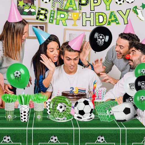 185 Pcs Soccer Party Decorations Soccer Birthday Party Decorations Serves 24, with Plates Napkins Cups Fork Knives Spoon Tablecloth Banner Balloons Sports Soccer Decorations for Party - image 5