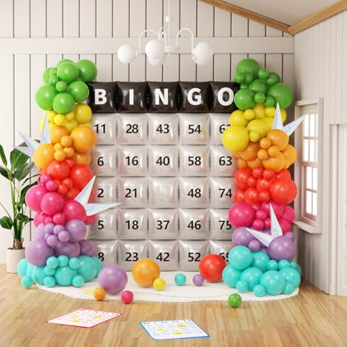 184PCS Bingo Games Party Balloons Garland Arch Kit 9ft tall Square Foil Balloons Backdrop Wall with Pastel Latex Balloons & letter sticker for Bingo Decorations
