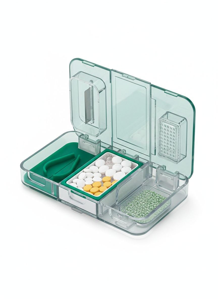 KARUNAMURTI 3 in 1 Multi-Functional Pill Cutter, Pill Crusher & Pill Organizer Box, Portable Travel Medicine Storage Case with Tablet Splitter, Vitamin Holder, Compact Daily Medication Container for Home & Travel-image-9