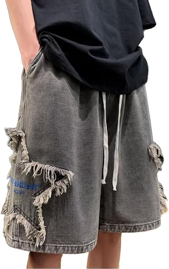 OATSBAS Mens Star Patchwork Denim Shorts Y2K Summer Wide Leg Loose Hip-hop Jeans Shorts US, Alpha, X-Large, Regular, Regular, Grey