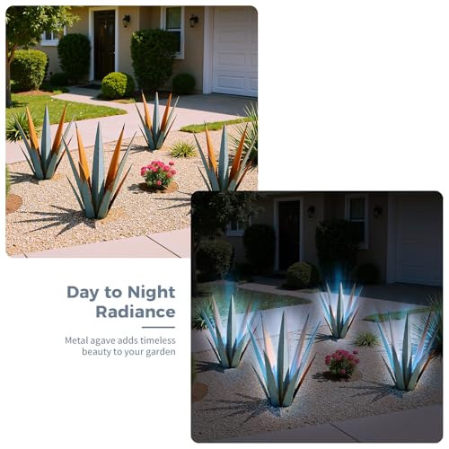 Image of KODIBO 24 inch Metal Agave Plant Outdoor Decor with Solar Light, Vintage Blue