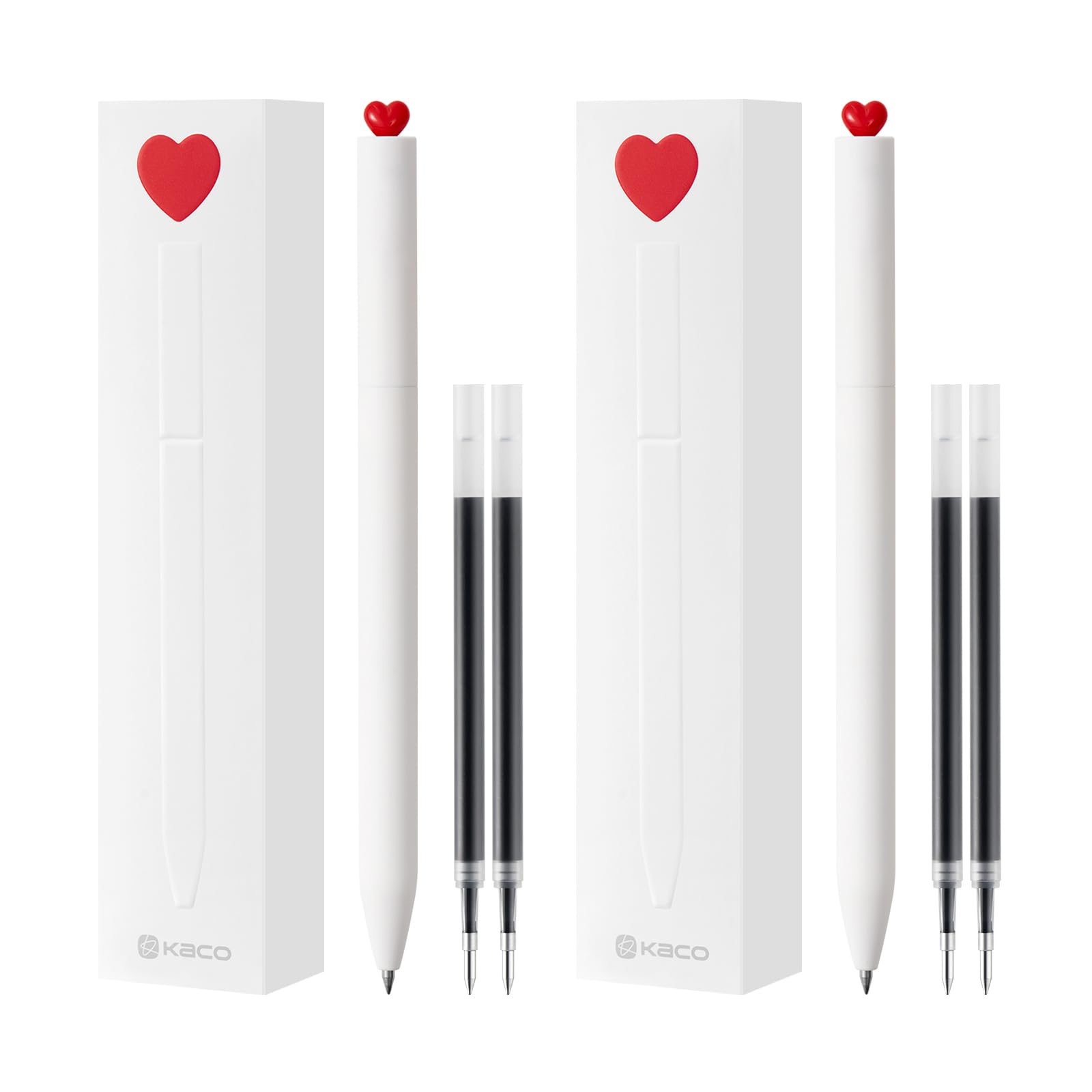 Kaco FIRST Gel Pens Cute Stationery, Pack of 2 Pieces Heart Pen Set with Extra 4 Black Refills (): 2 White