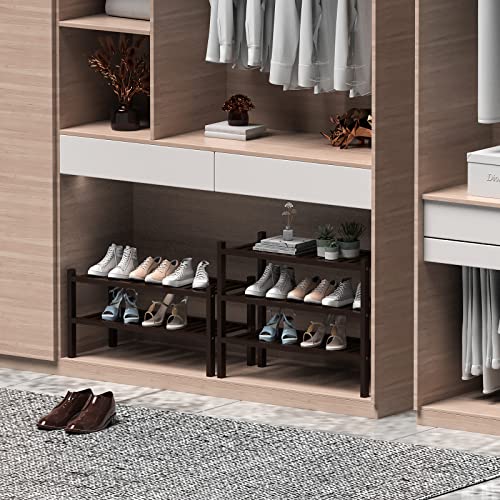 2 Tier (Thick) Bamboo Shoe Rack for Closet Free Standing Wood Shoe Shelf for Entryway Small Space Stackable 27"x12"x14" (Black Brown)