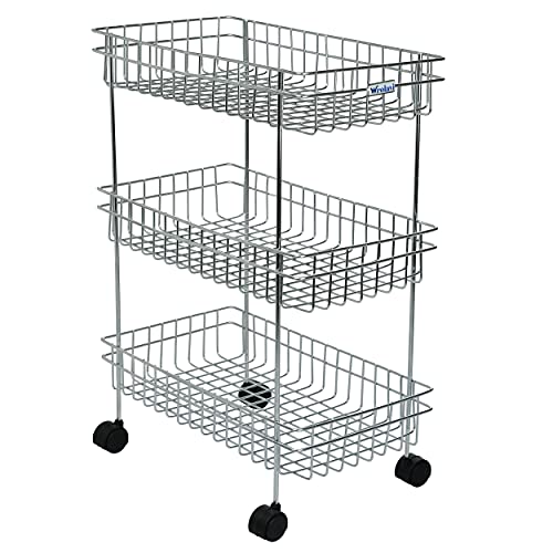 Image of Stainless Steel 3-Tier Kitchen Trolley with Wheels | Multipurpose Storage Rack Organiser | Vegetable Stand for Kitchen | Onion, Potato & Fruit Basket Cart