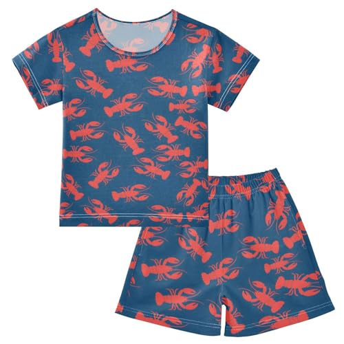 ALAZA Red Lobster Navy Blue Pajamas Set Short Sleeve Cotton Sleepwear Summer Pjs 2 Piece 5-14Y