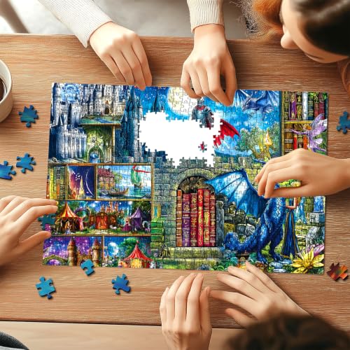 Puzzle Fantasy Library para Adultos 1000 Piezas, Castillo Caballero Dragón | Puzzle con Tema Mágico con Letra en la Parte Posterior y Póster de Referencia, 28x20 pulgadas, Juego Antiestrés, Regalo Ideal para Amantes del Arte Fantástico miniatura 5