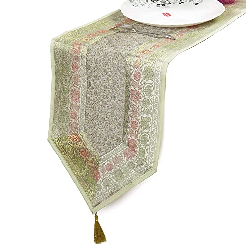 Image of E-EZRA Room Decor Banarasi Silk Handmade Flower V Shape Table Runner Dinning & Centre Table Long Runner Bed Runner Gold Tassels End Size 14 X 80 inches (Grey)