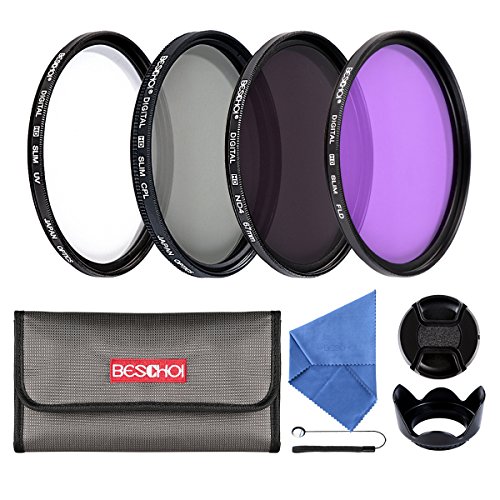Beschoi 58mm UV Filter, CPL Filter, FLD Filter, Neutral Density ND4 Filter Set for Camera Lenses with 58mm Filter Size, Includes Center Pinch Lens Cap, Cap Keeper Leash, Lens Hood, Filter Carry Pouch