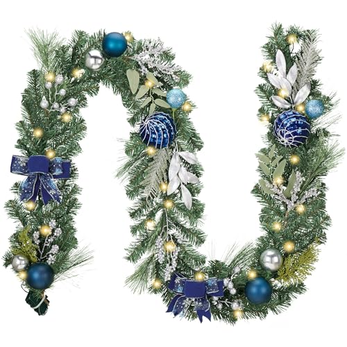 Valery Madelyn 9 feet Pre-Lit Christmas Garland with Light for Mantle, Lighted Battery Operated Xmas Garland with Silver Blue Balls for Front Door Fireplace Table Centerpiece Outdoor Window Home Decor