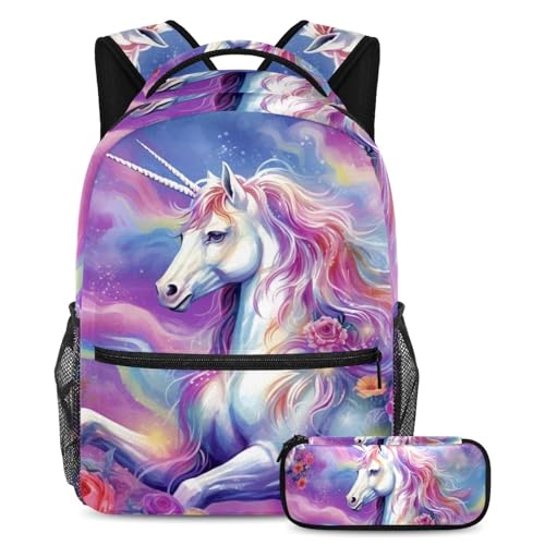 Lot de 2 sacs à dos licorne avec trousse scolaire grande capacité multicolore