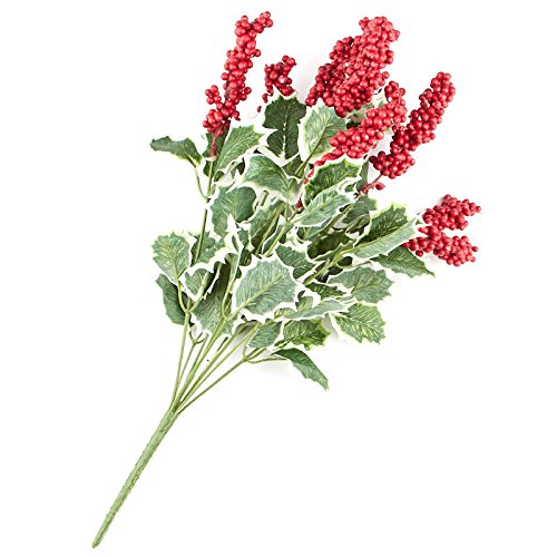 Factory Direct CraftPoly Silk Holly Leaf and Red Berry Cluster Bush | For Indoor Decor