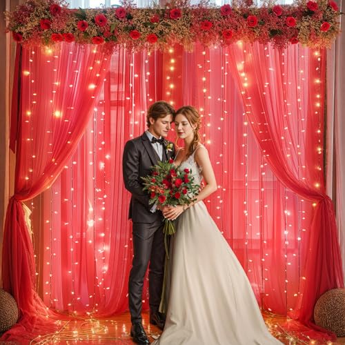 10x10ft Red Tulle Backdrop Curtain with Lights String for Parties, Sheer Photo Backdrop Curtains for Valentines Wedding Baby Shower Birthday Party Photo Shoot Decorations by PARTISKY - Image 3