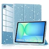 Lainergie Case for Samsung Galaxy Tab A11+/A9+ Plus 11 Inch 2026/2023, Cute Glittering Sparkly Shockproof Cover with Sparkly Crystal Clear Back and Pencil Holder for Galaxy Tab A11+/A9+, Blue