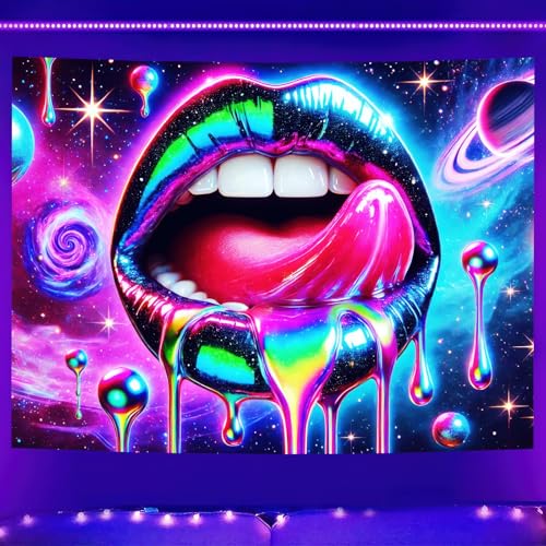 Image of BlissYard Blacklight Tapestry Lip Tapestry 78x59 Inch UV Reactive Tapestry Glowing Tapestry Large Neon Tapestry Posters Wall Hanging for Home Living Room Bedroom Party Decor Photo Shoot Props