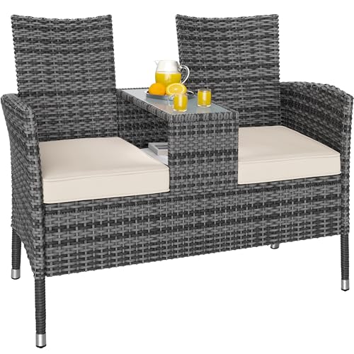 Banc de Jardin en polyrotin 2 Places avec Coussins Table intégrée 143 x 55 x 88 cm Salon de Jardin extérieur Gris