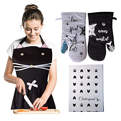 Tablier de cuisine femme chat avec gant de cuisine anti-chaleur, manique et torchon coton