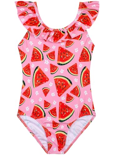 Image of XiaoMoSha Girls Swimsuits Ruffled Round Neck One Piece Bathing Suits Quick Dry UPF 50+ Summer Hawaii Swimwear for Kids 3-10T