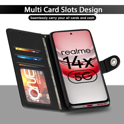 Image of Pikkme Flip Cover Leather Finish | Inside TPU with Card Pockets | Wallet Stand and Shock Proof | Complete Protection Button Flip Case for Realme Narzo 80x 5G / Realme P3x 5G / Realme 14X 5G (Black)