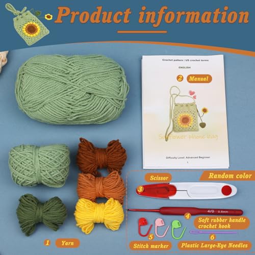ENCHOL Beginner Crochet Kit, Sunflower Phone Bag Crochet Kit - Image 2