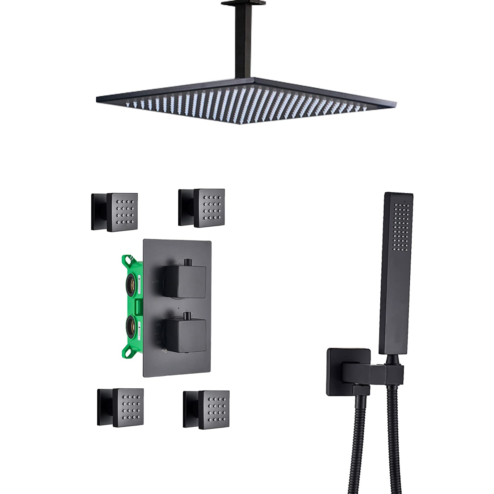 LR Black Rain Shower System Termostatyczny zestaw baterii prysznicowych z 4 dyszami natryskowymi do ciała, montowany na suficie zestaw prysznicowy z mosiężnym mieszaczem deszczowym z głowicą