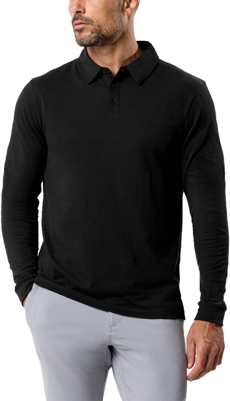 INTO THE AM Men’s Long Sleeve Polo Shirt S-4XL – Slim-Fit Collared Tee for Golf, Work & Casual, Cotton-Blend Comfort