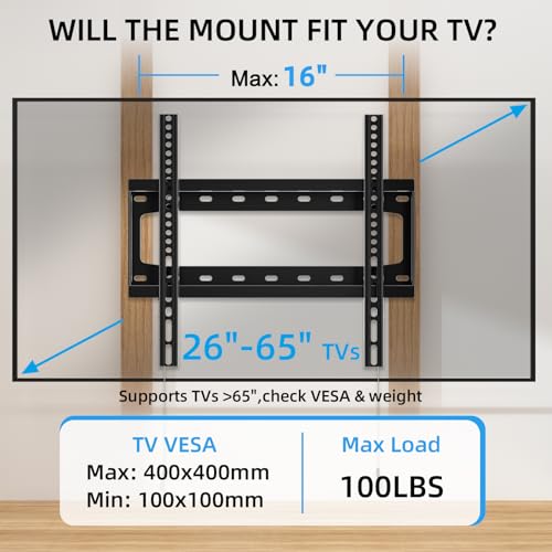 Image of HOME VISION TV Wall Mount Fixed for Most 26-65 Inch Flat /Curved TVs | Max VESA 400X400mm up to 99Lbs Fits 16 Inch Wood Studs, Universal Low Profile Wall Mount TV Bracket, Space Saving HV8401