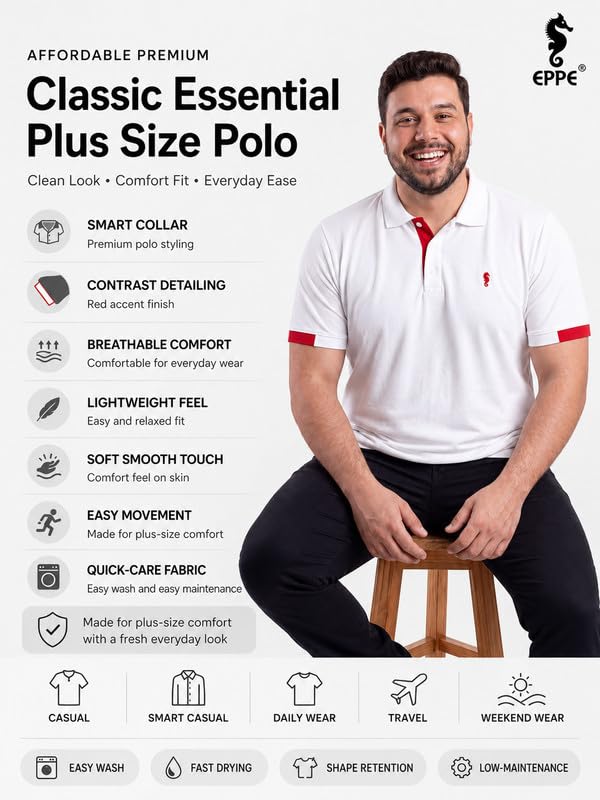 Image of EPPE Men's Plus Size Polo T-Shirt |Regular Fit, Stretchable Micropolyester Half Sleeve T-Shirt for Men|Casual & Sports Wear