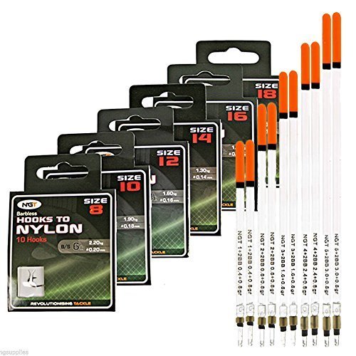 DNA Leisure 10 x NUEVO NGT Cargado pesca transparente ancho punta Flotadores oscilantes + 60 NGT Ganchos Nylon Sizes 8-18