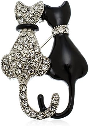 PammyJ Cat Pin -- Black and Crystal Double Twin Cat Pin -- Kitty Brooch