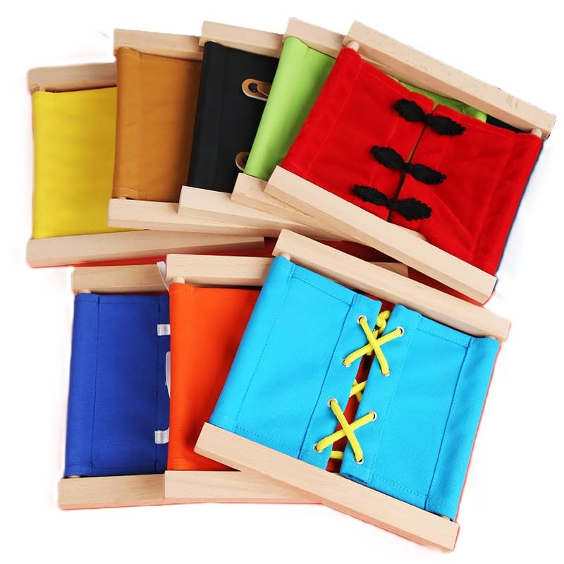 EduLand Montessori Practical Life Dressing Frames Set: Velcro Frame, Big Button Frame, Buckle and Strap Frame, Snap Fastener Frame, Lacing Frame, Bow Tying Frame, Zipper Frame, and Flower Knot Frame