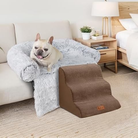 GGIB 3-Step Brown Dog Stairs and Grey Large Calming Dog Bed Fluffy Plush Dog Mat for Sofa, High Bed Pet Steps for Small Dogs with Removable Washable Cover Cover