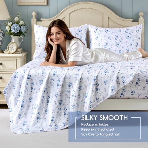Image of MR&HM Satin Sheets Queen Size, 4 Piece Silky Floral Patterned Sheets with Elastic Corner Straps, 15 inch Deep Pocket, Soft Silk-Like Bed Sheets (Wildflower Blue)