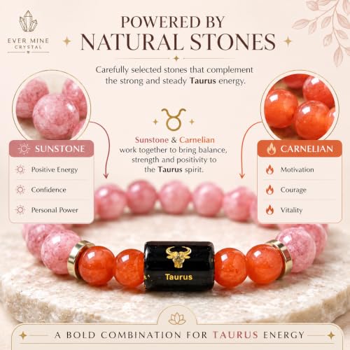 Image of Taurus Zodiac Bracelet (वृषभ राशि) | Certified Crystal for Strength, Balance & Confidence | Original Sunstone & Carnelian stone | Astrology Bracelet for Man & Woman | Gift for Man & Woman