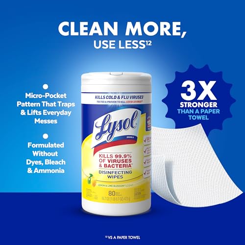 Lysol Disinfectant Wipes Bundle, Dorm Room Essentials, Multi-Surface Cleaning Wipes, For Disinfecting & Cleaning, Lemon & Lime Blossom, Crisp Linen, Mango & Hibiscus, 3x80 ct - Image 6