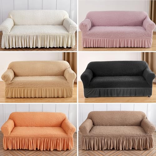 Housse de canapé extensible 1 place rouge kaki avec jupe