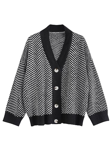 Image of ZAFUL Women's Striped Cardigan Button Up Open Front Knit Oversized Sweater | Button down, Soft chunky knit, Lightweight, Loose fit, Long lantern sleeve, Casual Daily Going Out, Fall Winter Outfits