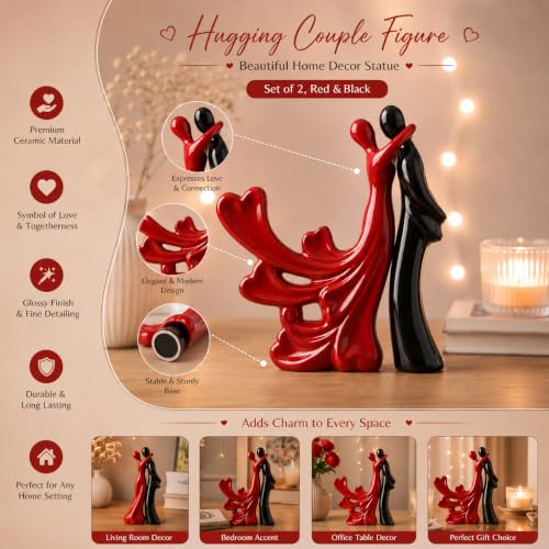 Image of Beautiful Home Decor Hugging Couple Figure | Ceramic Home Decor Statue - (Set of 2, Red Black)