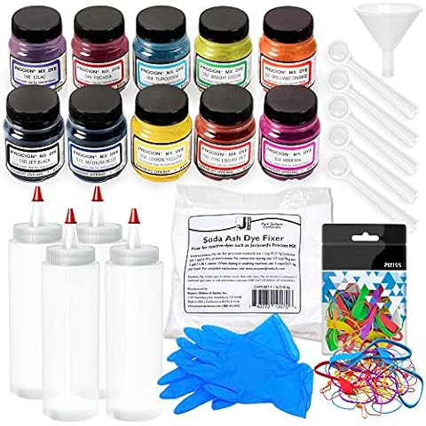 Jacquard Procion MX Bundle Fiber Reactive Dye, Jacquard Soda Ash 1-Pound,3 Pairs of Pixiss Latex Gloves, 1-Ounce Assorted Sizes Rubber Bands, 4X 8-Ounce Squeeze Bottles, 10 Craft Spoons Scoops Cover