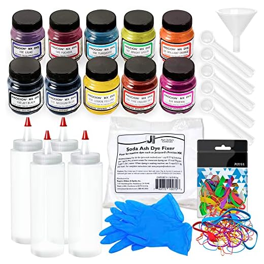 Jacquard Procion MX Bundle Fiber Reactive Dye, Jacquard Soda Ash 1-Pound,3 Pairs of Pixiss Latex Gloves, 1-Ounce Assorted Sizes Rubber Bands, 4X 8-Ounce Squeeze Bottles, 6 Craft Spoons Scoops