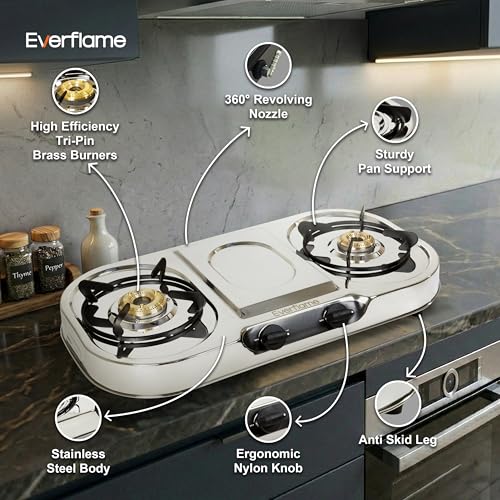 Image of Everflame Swift 2 Burner Gas Stove | Stainless Steel Body | Brass Burners | Gas Saver Technology | Manual Ignition | | Nylon Knobs | 360 Nozzle | 2 Years Manufacturer Warranty