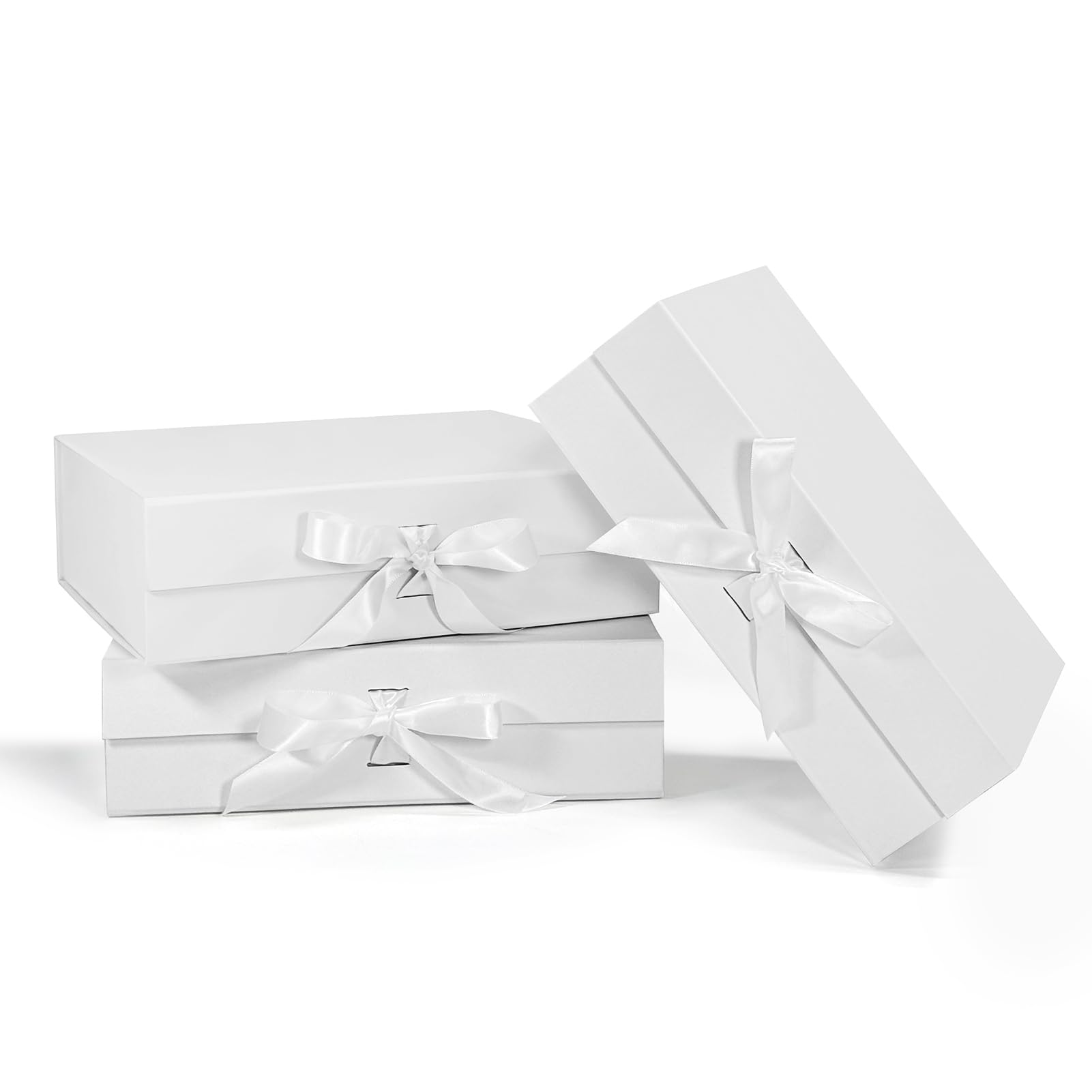 3 Pack White Gift Boxes with Lids, 10.5x7.5x3.1 Inches Magnetic Gift Box with Ribbons, Gift Boxes for Valentine's Day, Mother's Day, Christmas, Birthday Gift Wedding