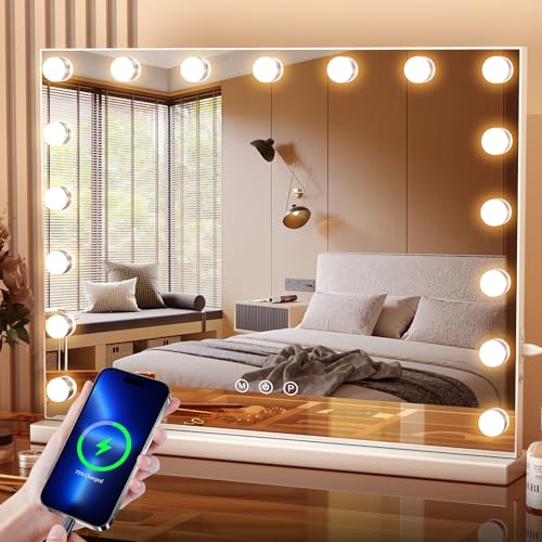 Espejo de maquillaje con luces, 60 x 53 cm, gran espejo de pared 17 LED, 3 modos de iluminación,...