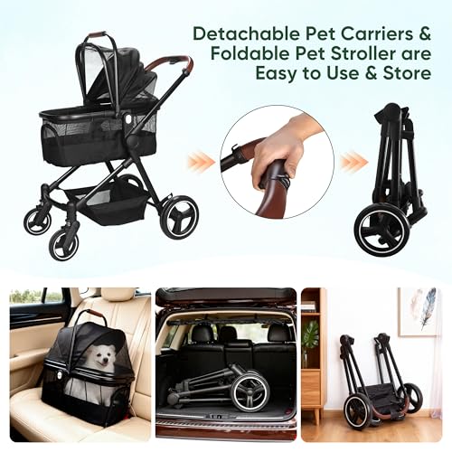 Image of 3-in-1 Foldable Pet Stroller for Dogs & Cats, 33lbs | All-terrain 7 inch /10 inch wheels | Compact storage | Storage basket | Breathable linen | Cup holder & rear brakes