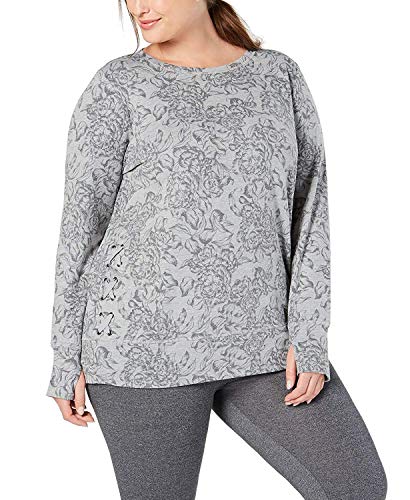 Ideology Womens Plus Lace-Up Floral Sweatshirt Gray 2X