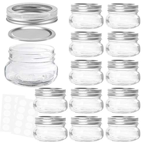 KAMOTA Mason Jars 4 oz With Regular Lids and Bands, Ideal for Jam, Honey, Wedding Favors, Shower Favors, Baby Foods, DIY Magnetic Spice Jars, 12 PACK, 20 Whiteboard Labels Included