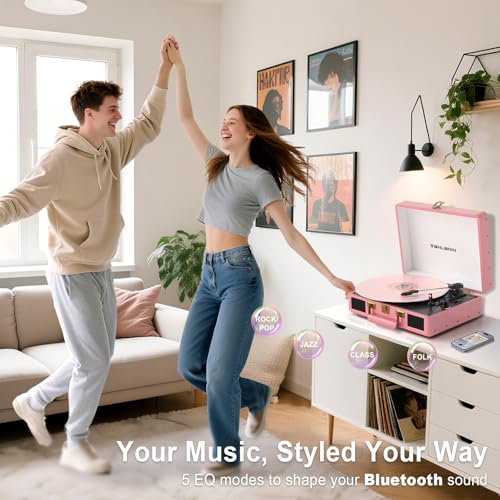 Vinyl Record Player Bluetooth, 3-Speed Turntable Vinyl Player, Portable Suitcase Record Players with USB/TF Recording & Playback, Built-in Speakers, Belt Drive, AUX/RCA/Headphone Jack, Pink - Image 6